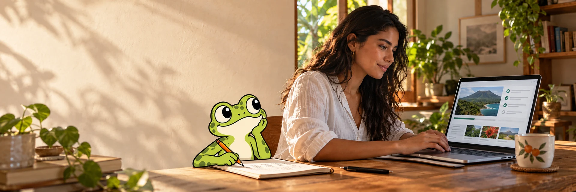 Una estudiante aprende en su computadora acompañada por Kali