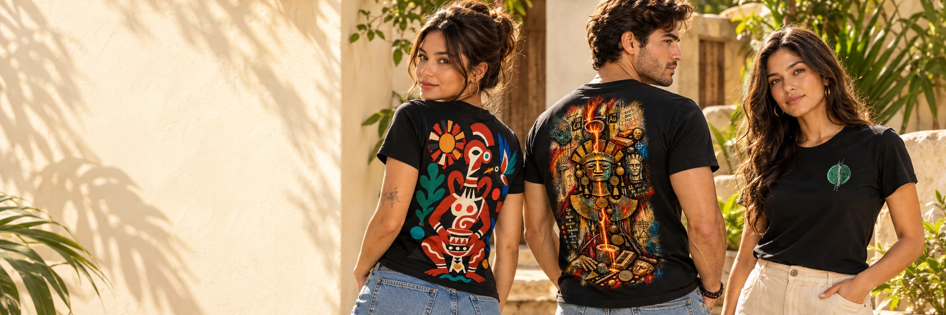 Modelos con camisetas NÜDO de las colecciones Cerámica Negativa de Nicoya, La Tumbaga y Roca de Jade