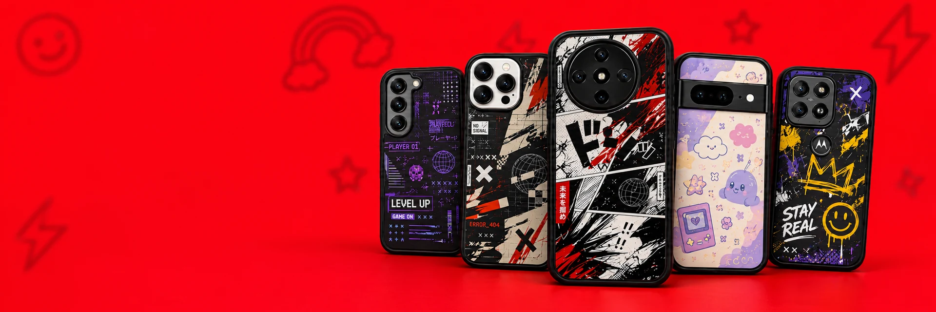 Mosaico de estuches POP con diseños gaming, manga, kawaii y urbanos
