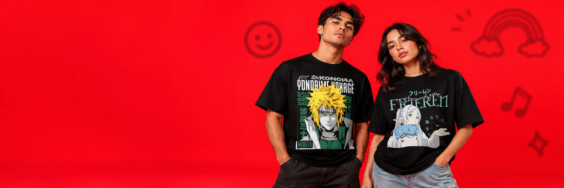 Modelos usando las camisetas Minato y Frieren de las referencias del usuario